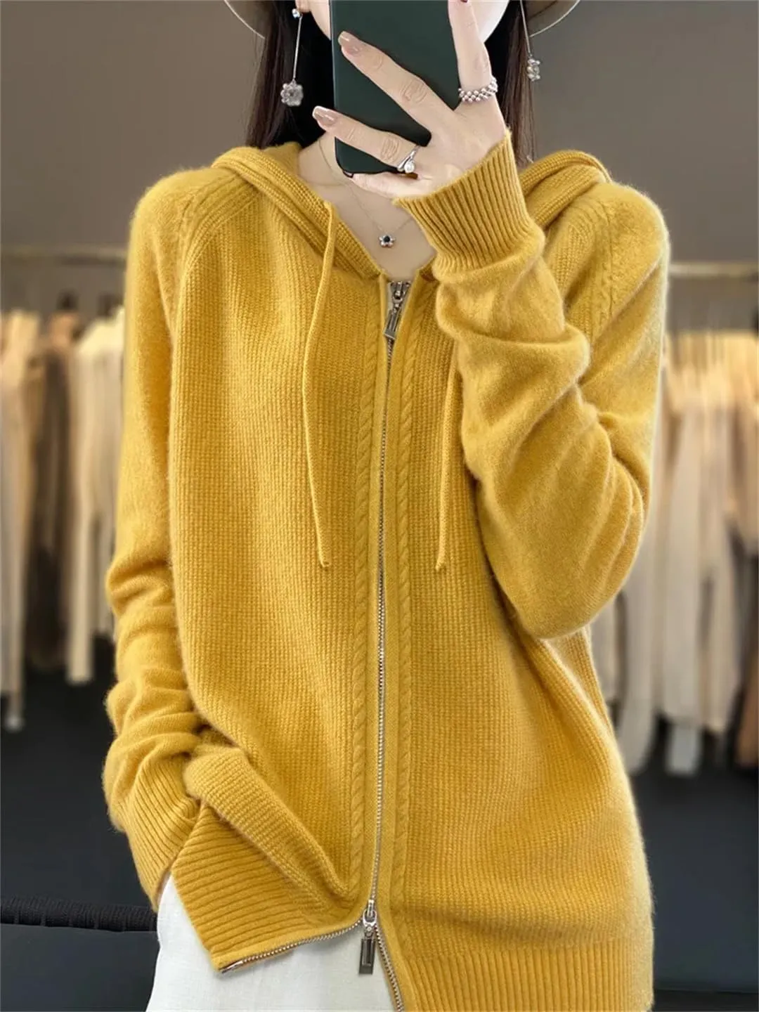 100% Merino Wool Sweater Women Hoodie Cardigan Zipper Long Sleeve Casual Loose Cashmere Knitted Coat
