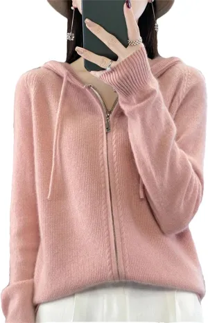 100% Merino Wool Sweater Women Hoodie Cardigan Zipper Long Sleeve Casual Loose Cashmere Knitted Coat