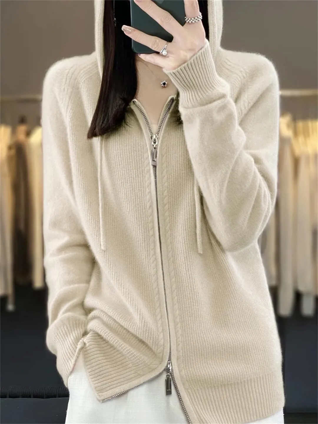 100% Merino Wool Sweater Women Hoodie Cardigan Zipper Long Sleeve Casual Loose Cashmere Knitted Coat