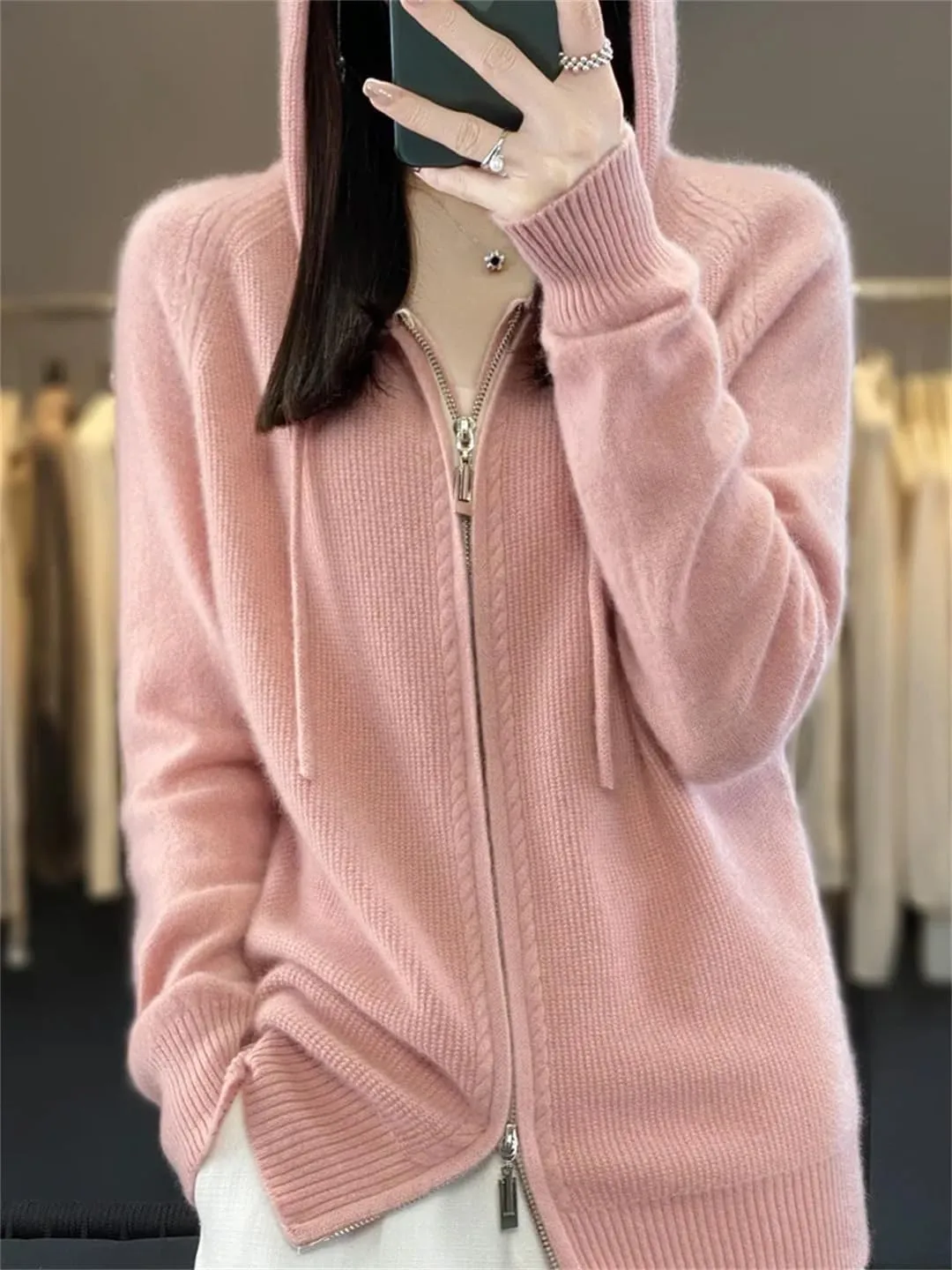 100% Merino Wool Sweater Women Hoodie Cardigan Zipper Long Sleeve Casual Loose Cashmere Knitted Coat