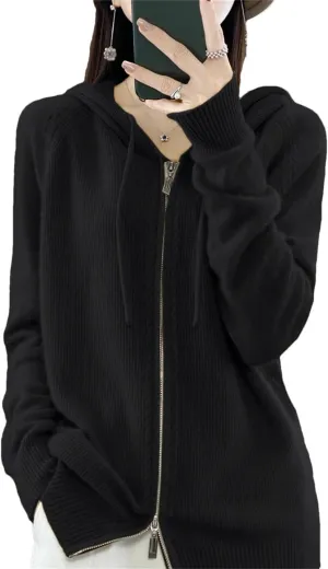 100% Merino Wool Sweater Women Hoodie Cardigan Zipper Long Sleeve Casual Loose Cashmere Knitted Coat