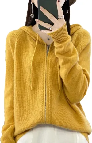 100% Merino Wool Sweater Women Hoodie Cardigan Zipper Long Sleeve Casual Loose Cashmere Knitted Coat