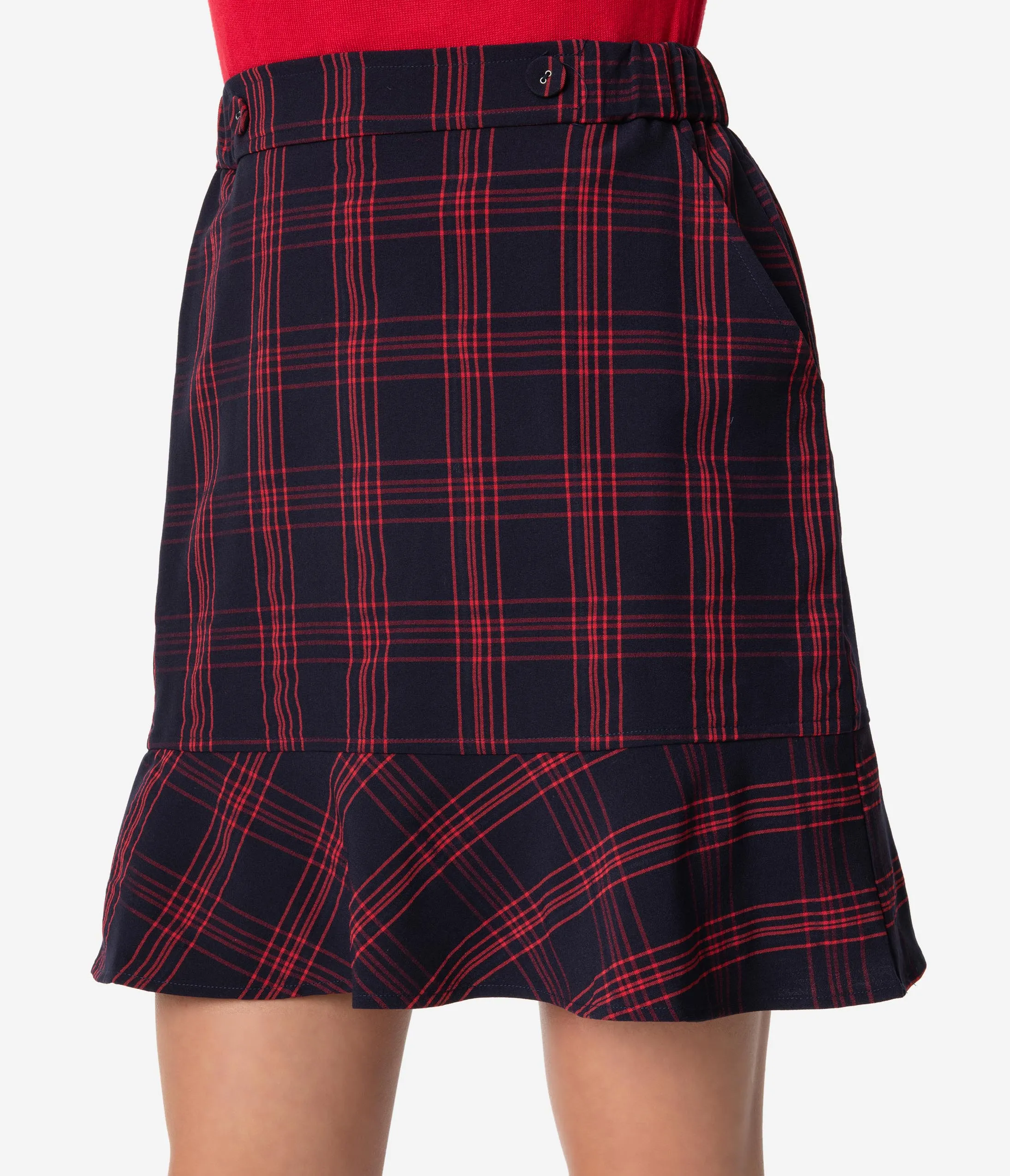 1960s Style Navy & Red Plaid Ruffle Border Mini Skirt