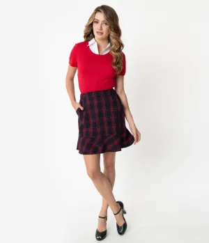 1960s Style Navy & Red Plaid Ruffle Border Mini Skirt