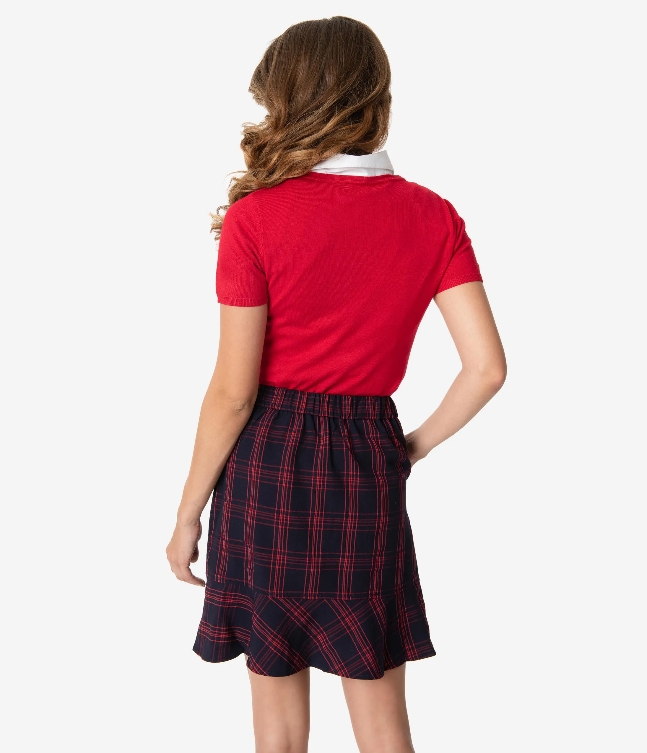 1960s Style Navy & Red Plaid Ruffle Border Mini Skirt