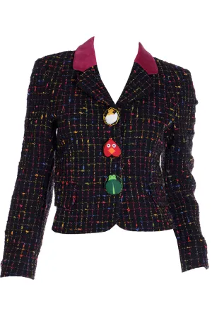 1990s Moschino Vintage Colorful Boucle Jacket w Nature Buttons & Velvet Collar