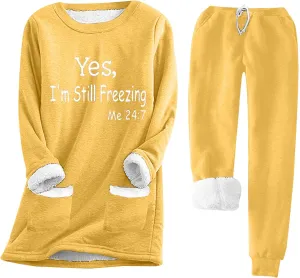 2 PCS Outfits Womens Fleece Sherpa Lined Sweatsuits Funny Long Sleeve Tops and Sweat Pants Winter Warm Tracksuit Set