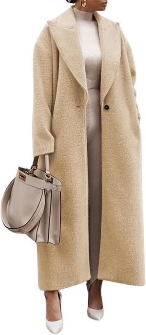 2024 Women's Fall Winter Lapel Single Breasted Blend Maxi Trench Coat Long Sleeve Open Front Overcoat Jacket