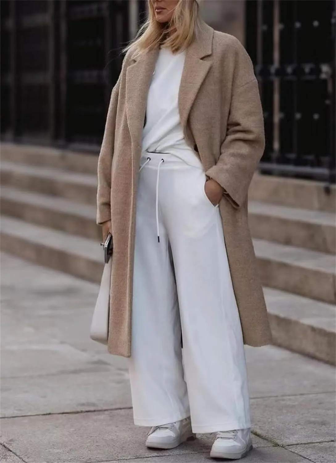 2024 Women's Fall Winter Lapel Single Breasted Blend Maxi Trench Coat Long Sleeve Open Front Overcoat Jacket