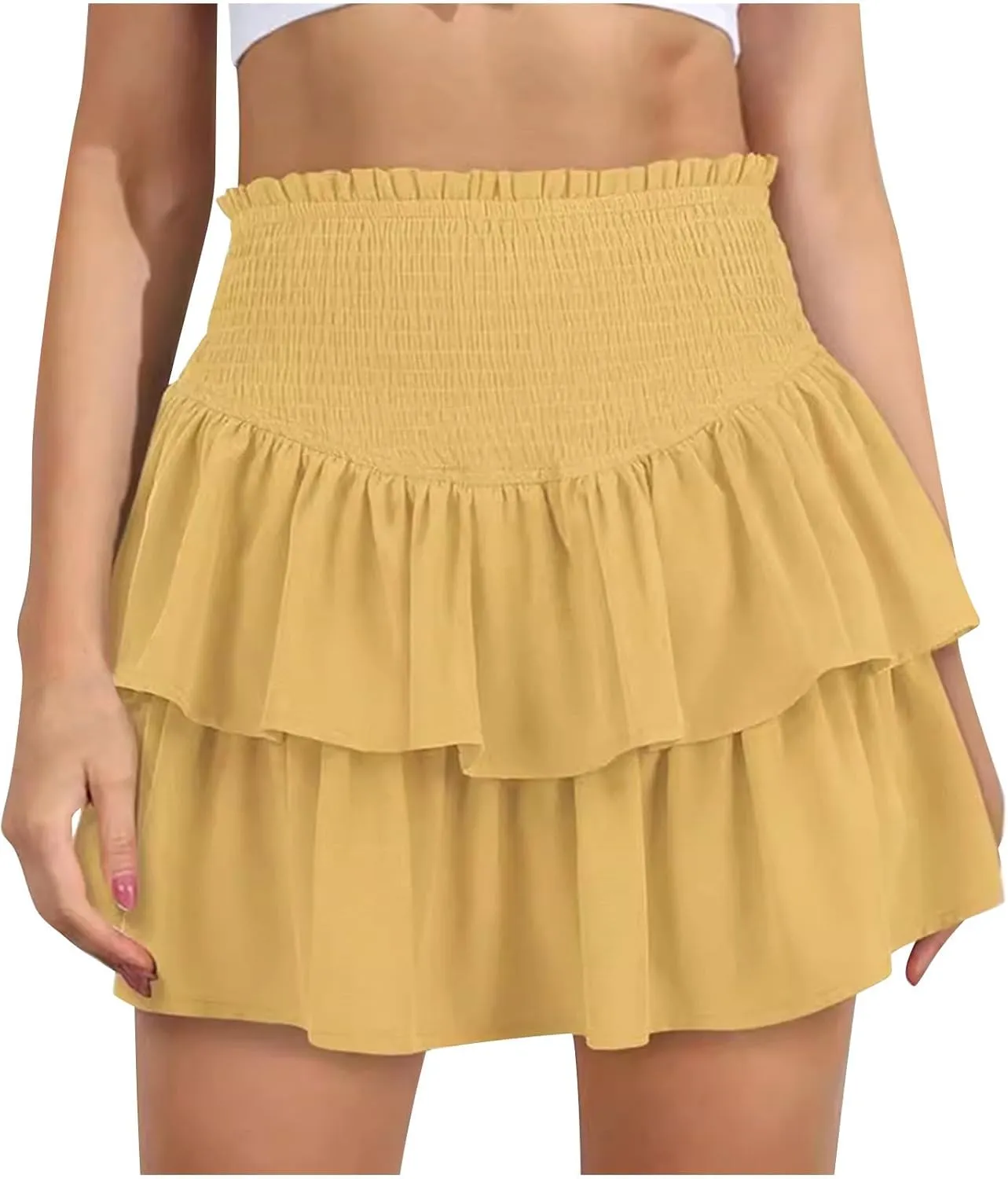 2025 New Skirts for Women Classic Layered Short Skirt Solid Color High Waisted Casual Skirt Pleated Beach Boho Skirt
