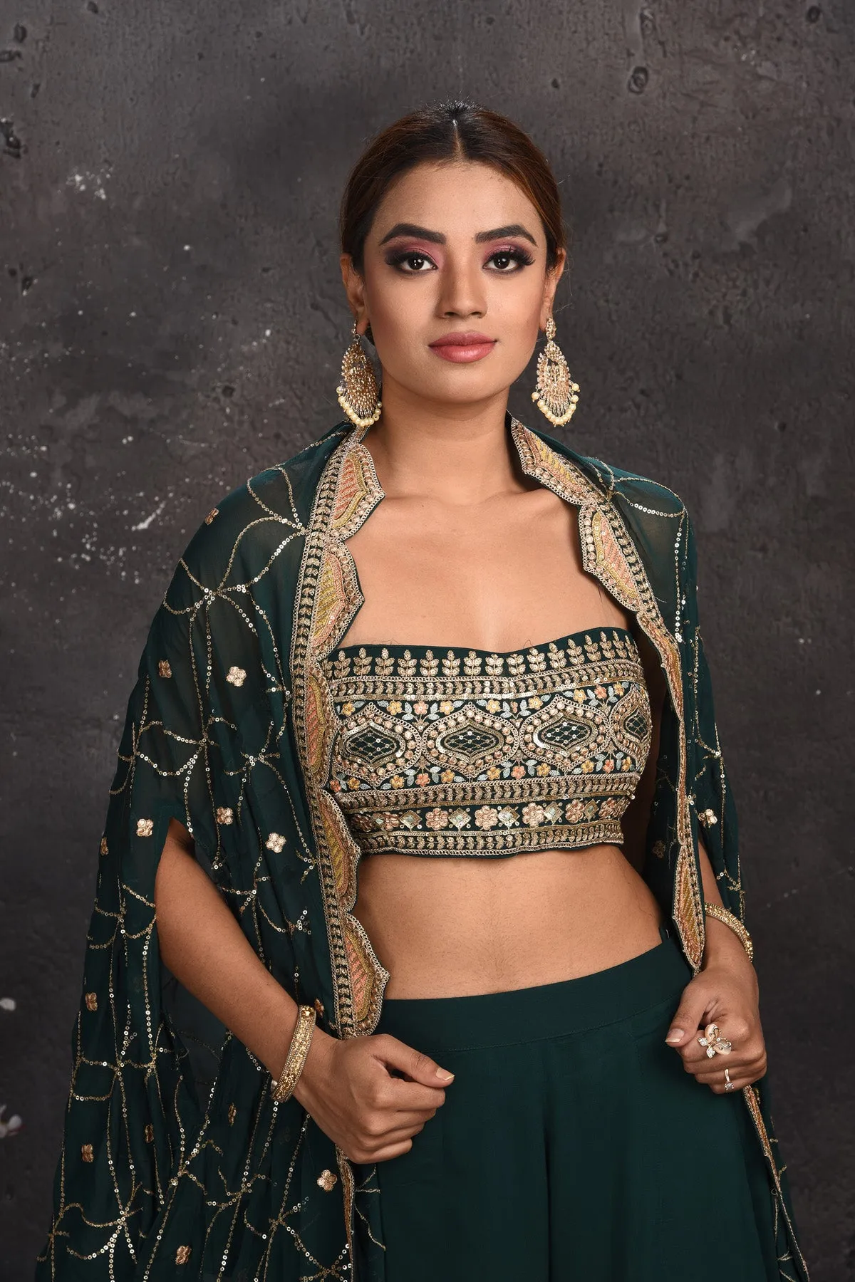 300675 Dark Green Embroidered Palazzo Crop Top with Cape
