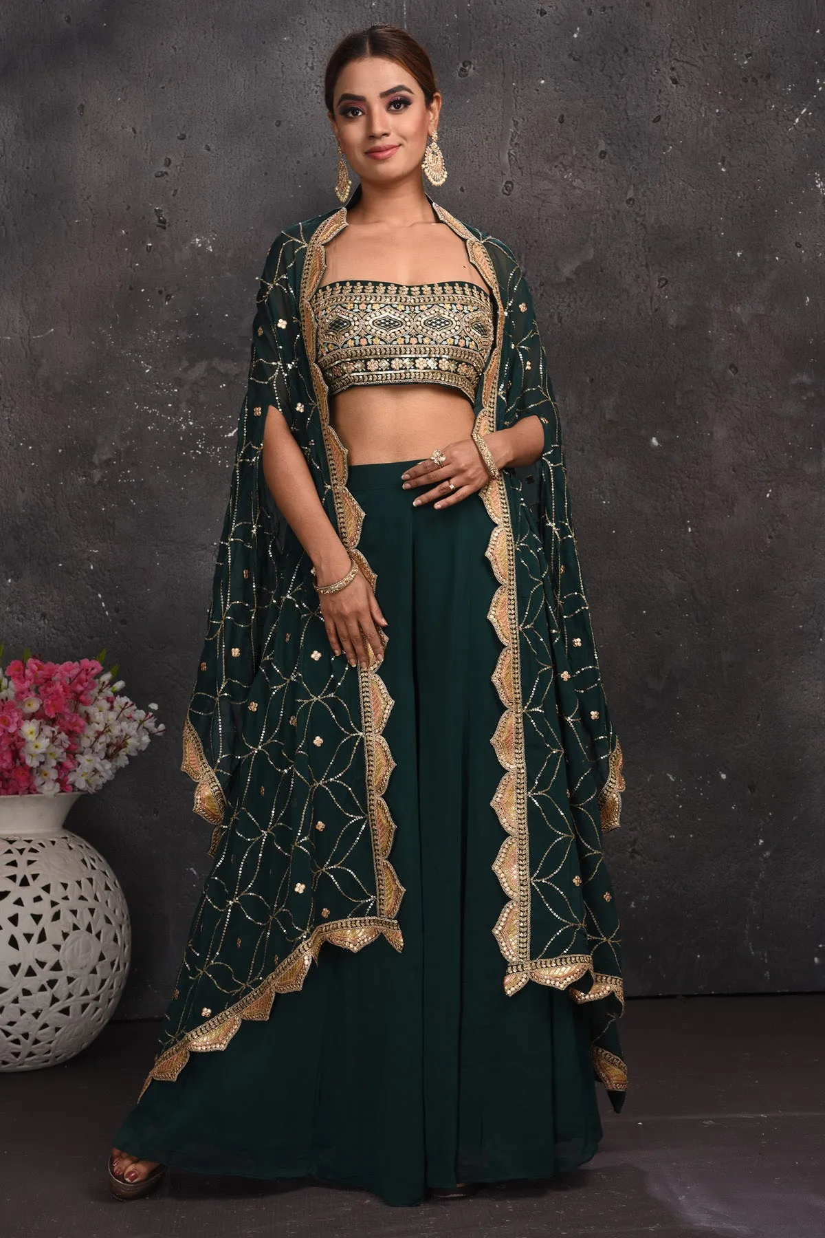 300675 Dark Green Embroidered Palazzo Crop Top with Cape