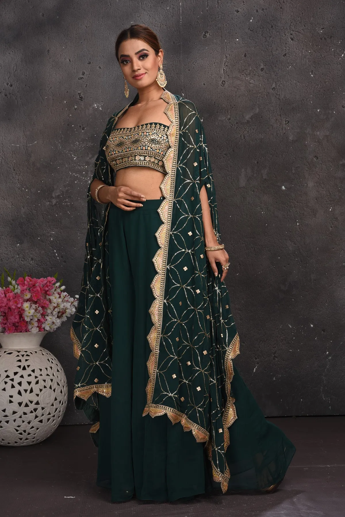 300675 Dark Green Embroidered Palazzo Crop Top with Cape