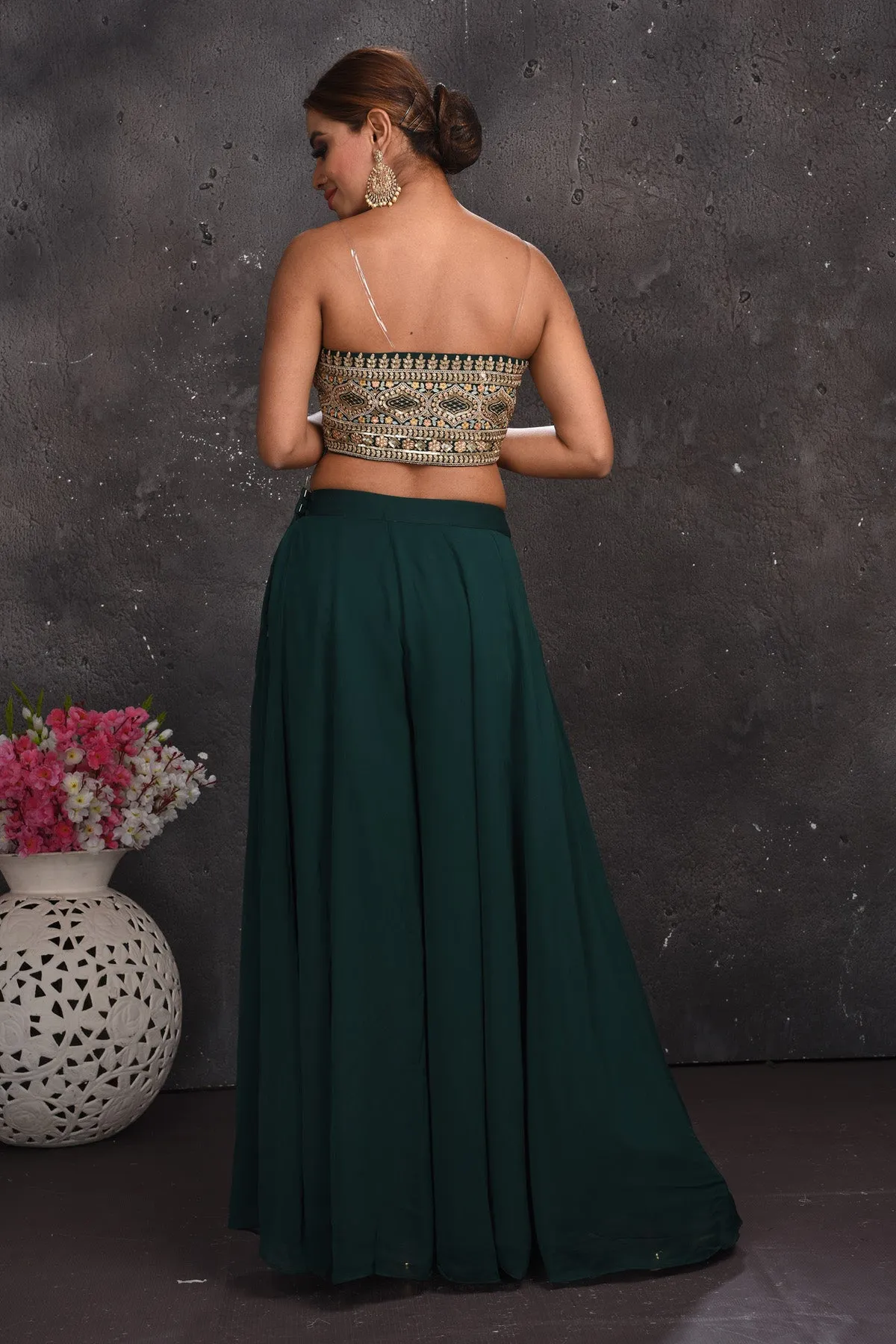300675 Dark Green Embroidered Palazzo Crop Top with Cape