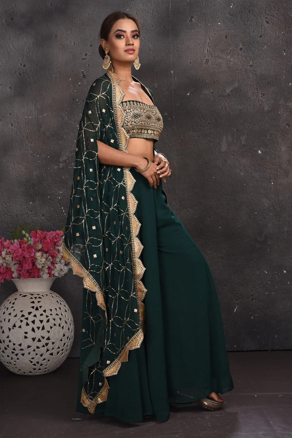 300675 Dark Green Embroidered Palazzo Crop Top with Cape