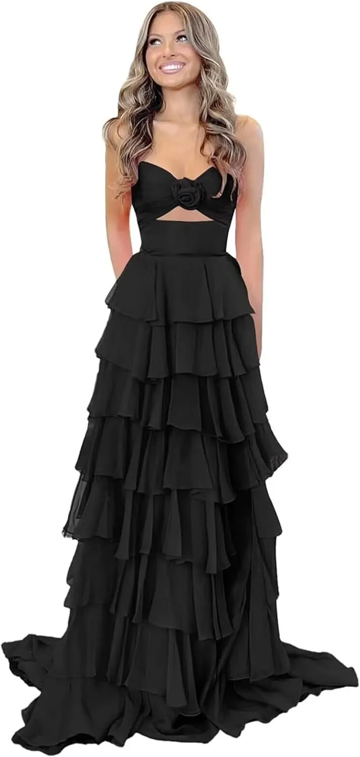 A-Line Tiered Chiffon Prom Dresses Strapless 3D Flower Keyhole Evening Dresses with Slit Corset Back