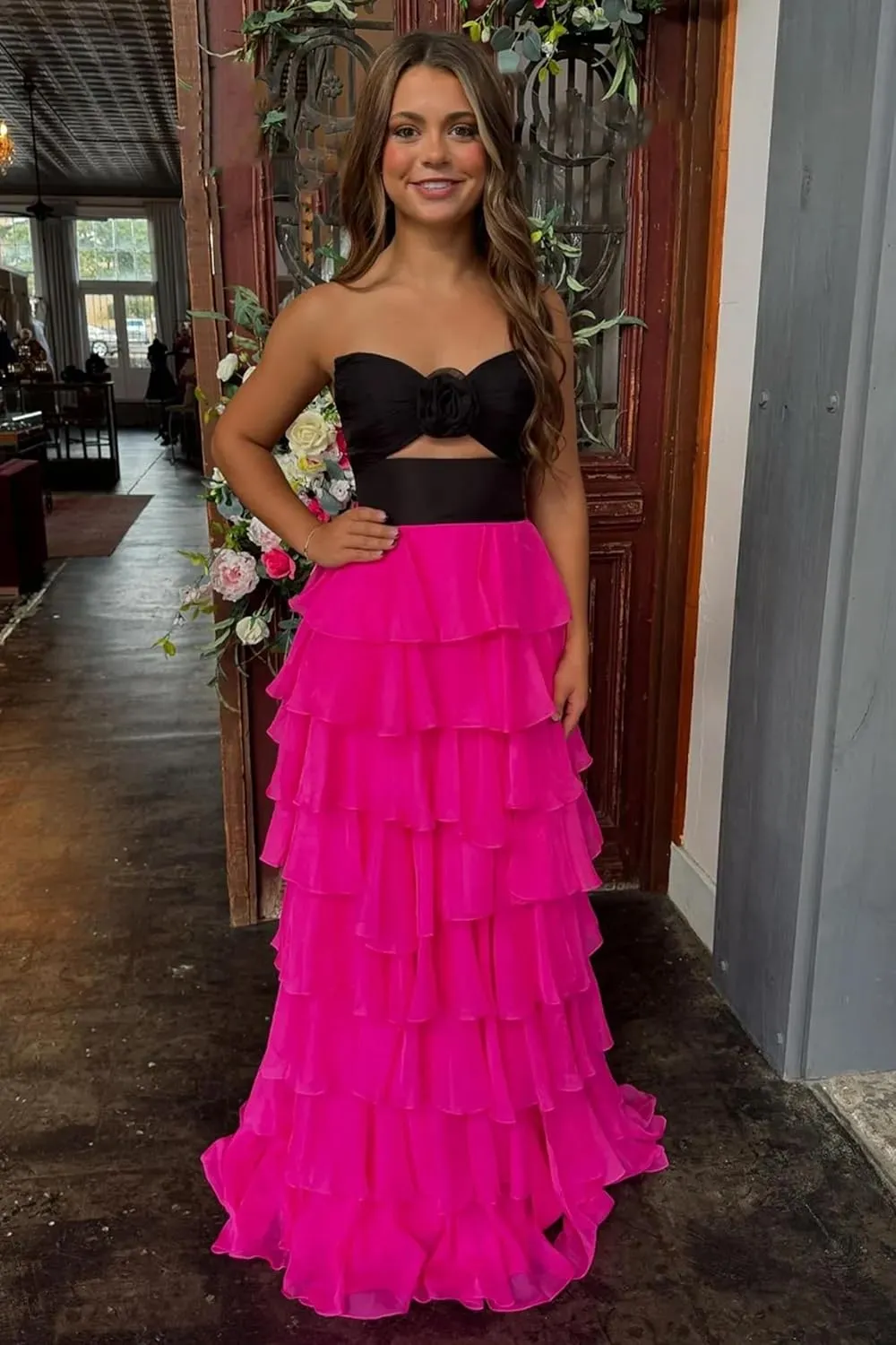 A-Line Tiered Chiffon Prom Dresses Strapless 3D Flower Keyhole Evening Dresses with Slit Corset Back
