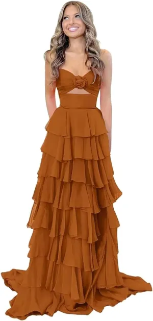 A-Line Tiered Chiffon Prom Dresses Strapless 3D Flower Keyhole Evening Dresses with Slit Corset Back