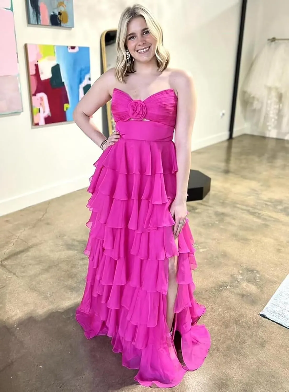 A-Line Tiered Chiffon Prom Dresses Strapless 3D Flower Keyhole Evening Dresses with Slit Corset Back