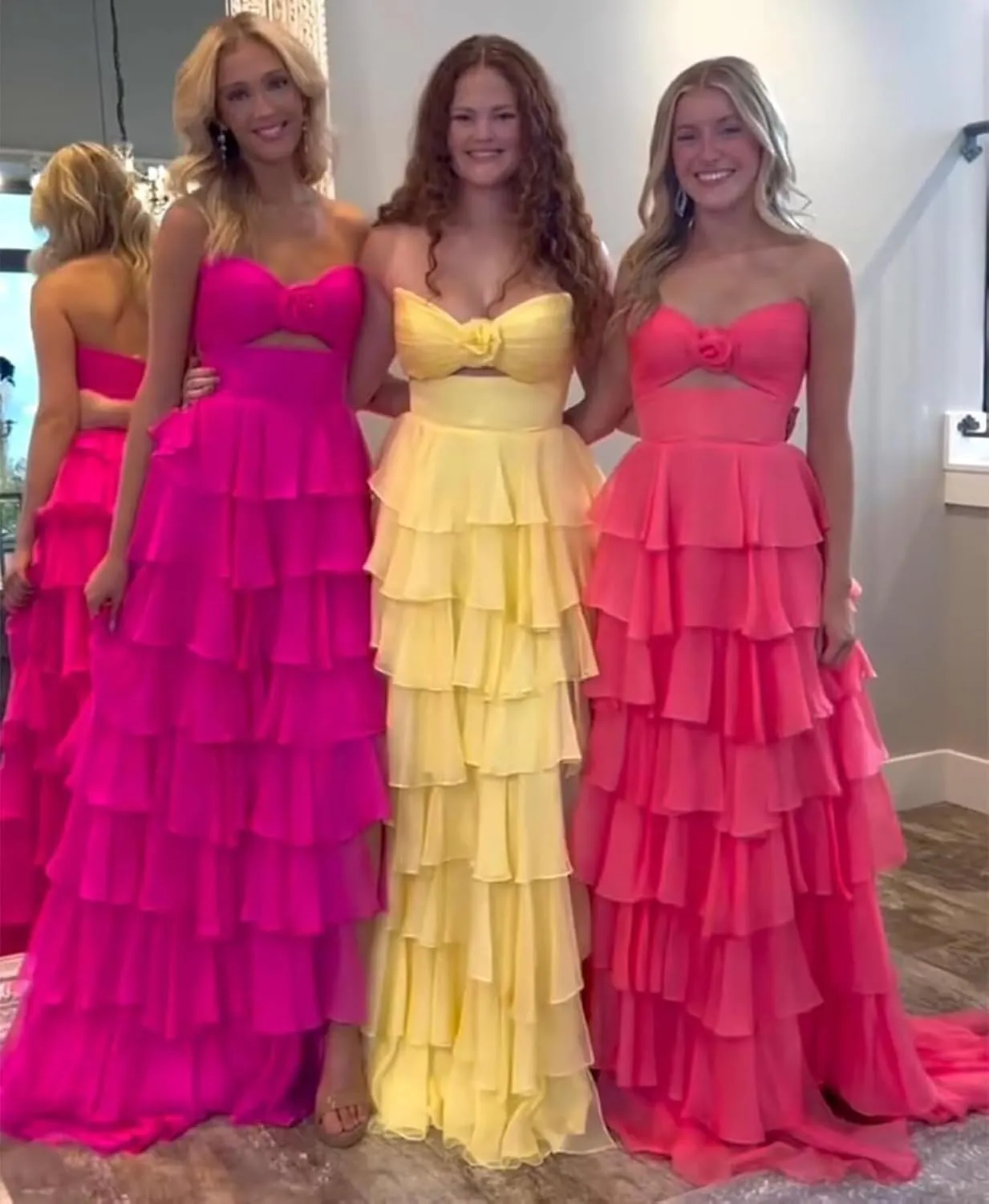 A-Line Tiered Chiffon Prom Dresses Strapless 3D Flower Keyhole Evening Dresses with Slit Corset Back