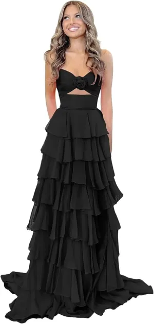 A-Line Tiered Chiffon Prom Dresses Strapless 3D Flower Keyhole Evening Dresses with Slit Corset Back