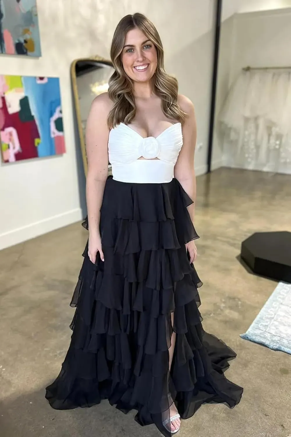 A-Line Tiered Chiffon Prom Dresses Strapless 3D Flower Keyhole Evening Dresses with Slit Corset Back