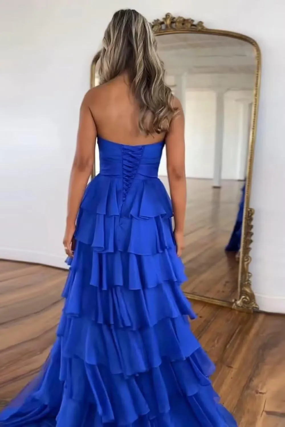 A-Line Tiered Chiffon Prom Dresses Strapless 3D Flower Keyhole Evening Dresses with Slit Corset Back