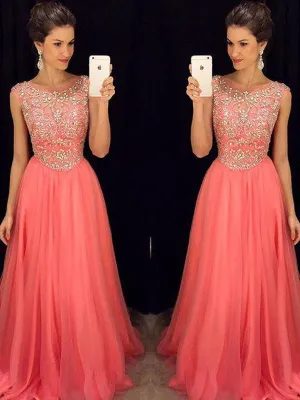 A-Line/Elegant Scoop Sleeveless Beading Floor-Length Chiffon Prom Dresses