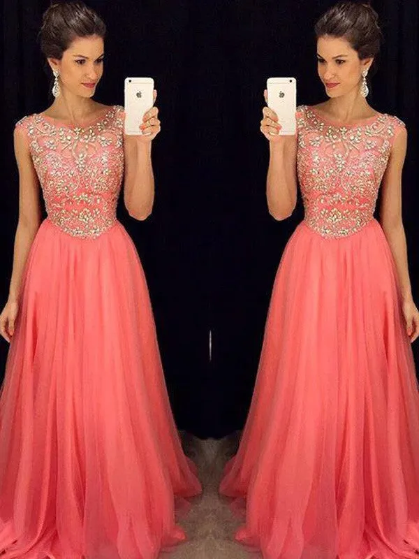 A-Line/Elegant Scoop Sleeveless Beading Floor-Length Chiffon Prom Dresses