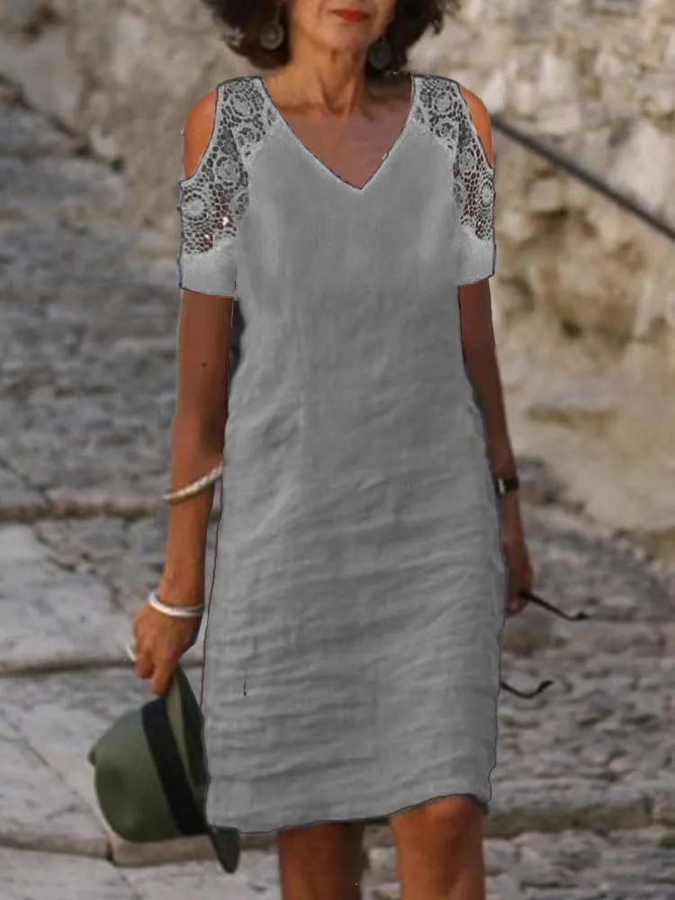Akivide Women Summer Cotton Linen Cold Shoulder Midi Dress Casual Short Sleeve V Neck Flowy Beach Vacation Knee Length Dress