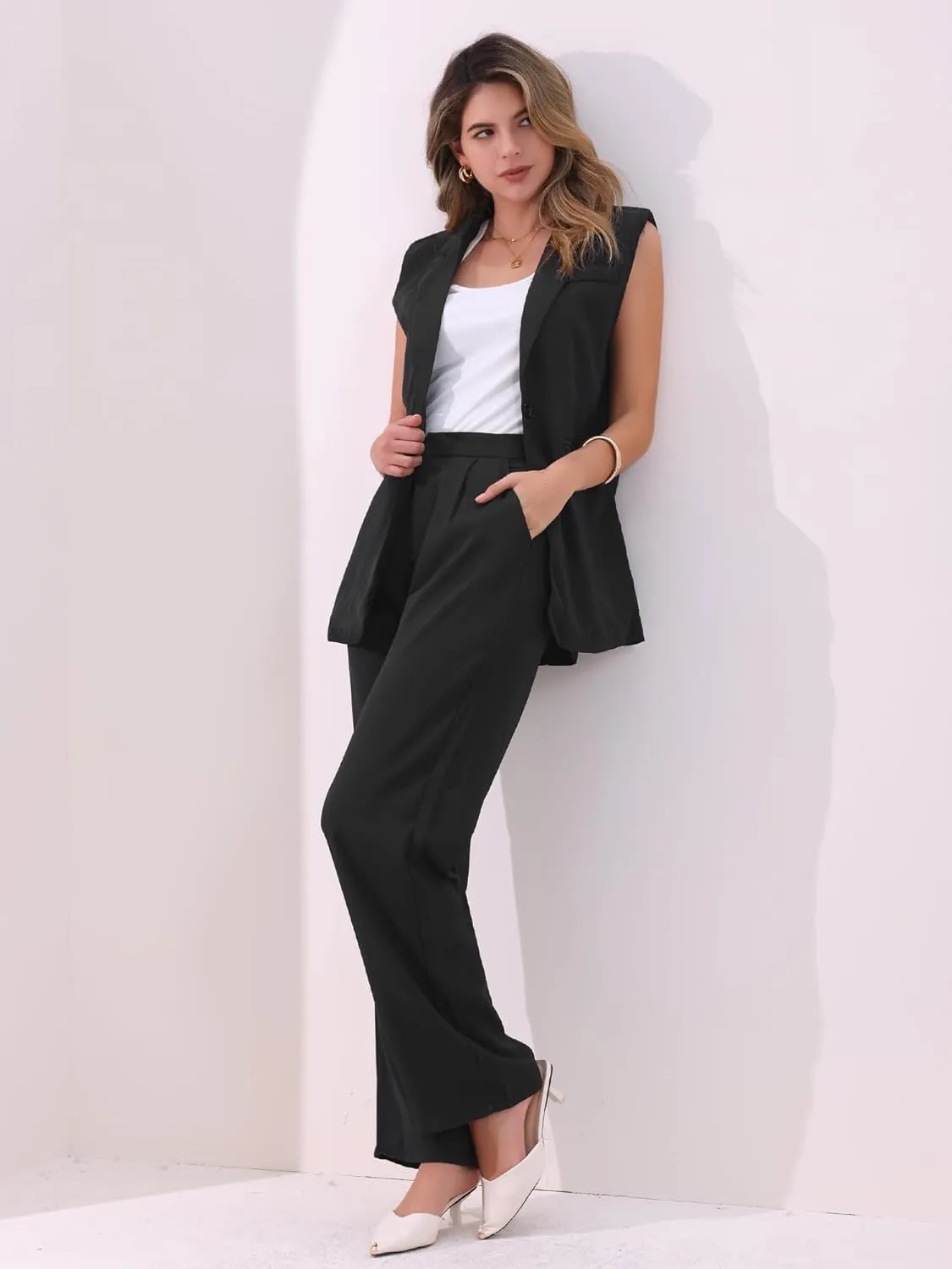 Allegra K Women's 2 Piece Set Business Casual Outfits Sleeveless Blazer and Wide Leg Dressy Pant Suits