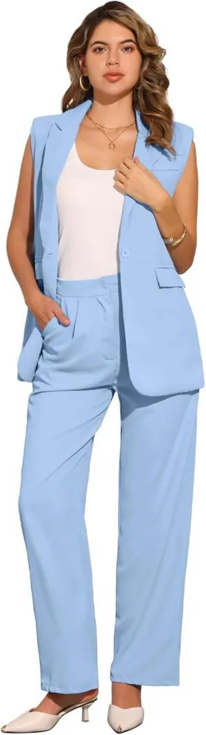 Allegra K Women's 2 Piece Set Business Casual Outfits Sleeveless Blazer and Wide Leg Dressy Pant Suits
