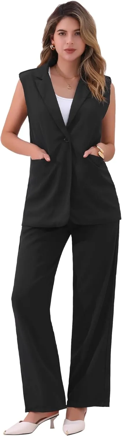 Allegra K Women's 2 Piece Set Business Casual Outfits Sleeveless Blazer and Wide Leg Dressy Pant Suits