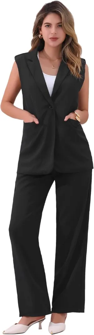 Allegra K Women's 2 Piece Set Business Casual Outfits Sleeveless Blazer and Wide Leg Dressy Pant Suits