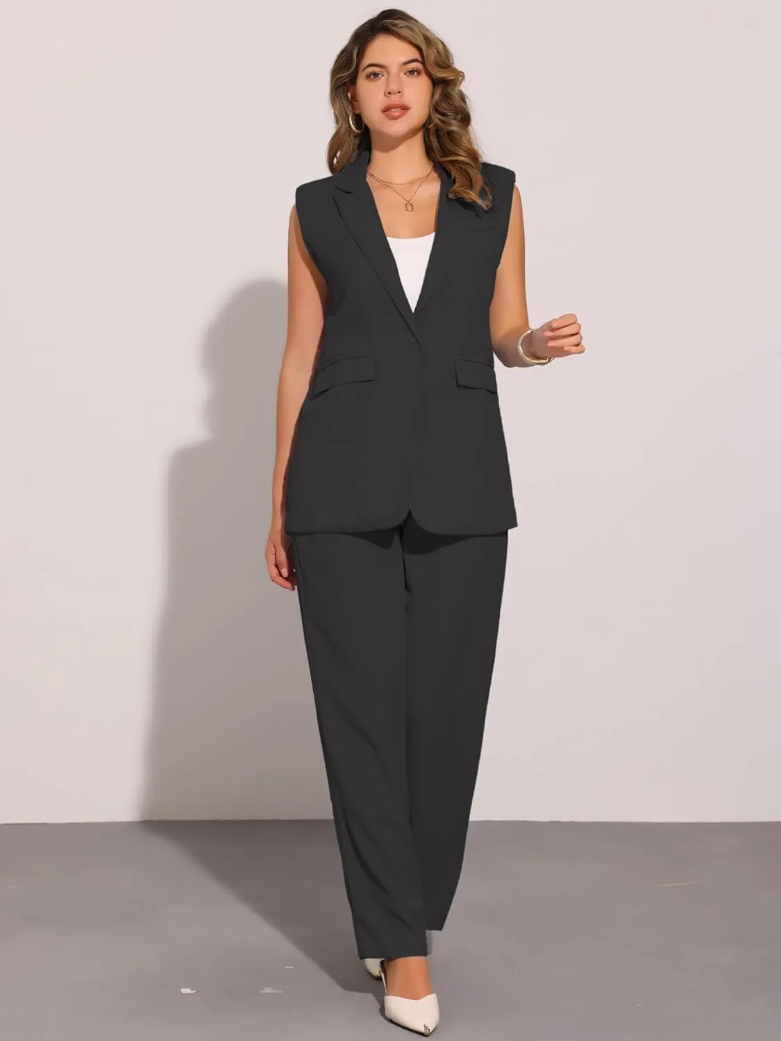 Allegra K Women's 2 Piece Set Business Casual Outfits Sleeveless Blazer and Wide Leg Dressy Pant Suits