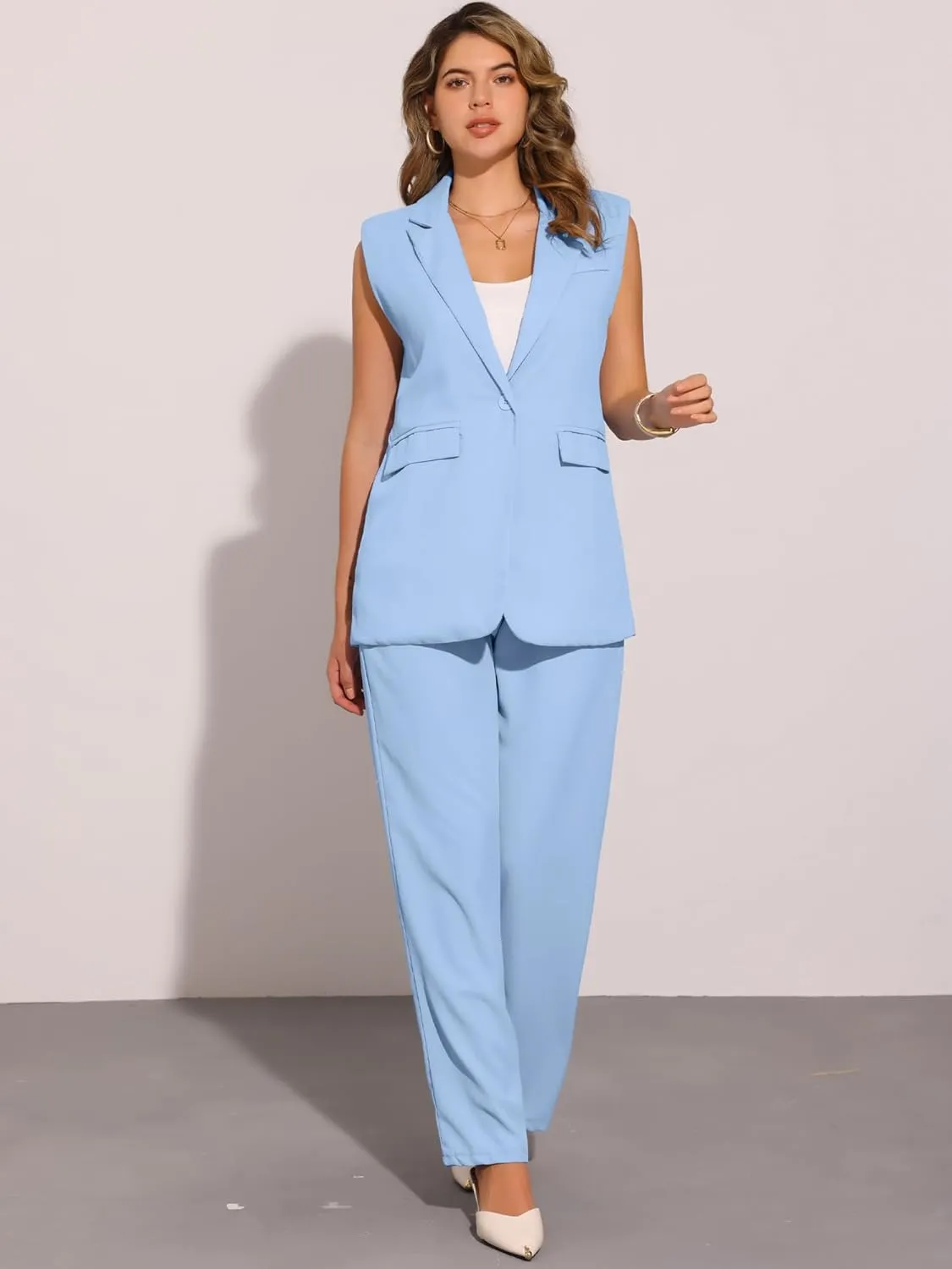 Allegra K Women's 2 Piece Set Business Casual Outfits Sleeveless Blazer and Wide Leg Dressy Pant Suits