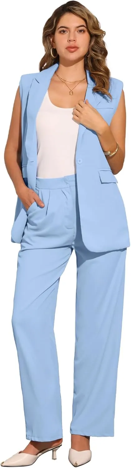 Allegra K Women's 2 Piece Set Business Casual Outfits Sleeveless Blazer and Wide Leg Dressy Pant Suits