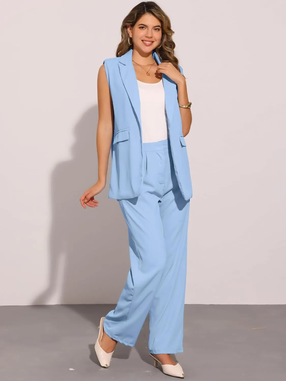 Allegra K Women's 2 Piece Set Business Casual Outfits Sleeveless Blazer and Wide Leg Dressy Pant Suits