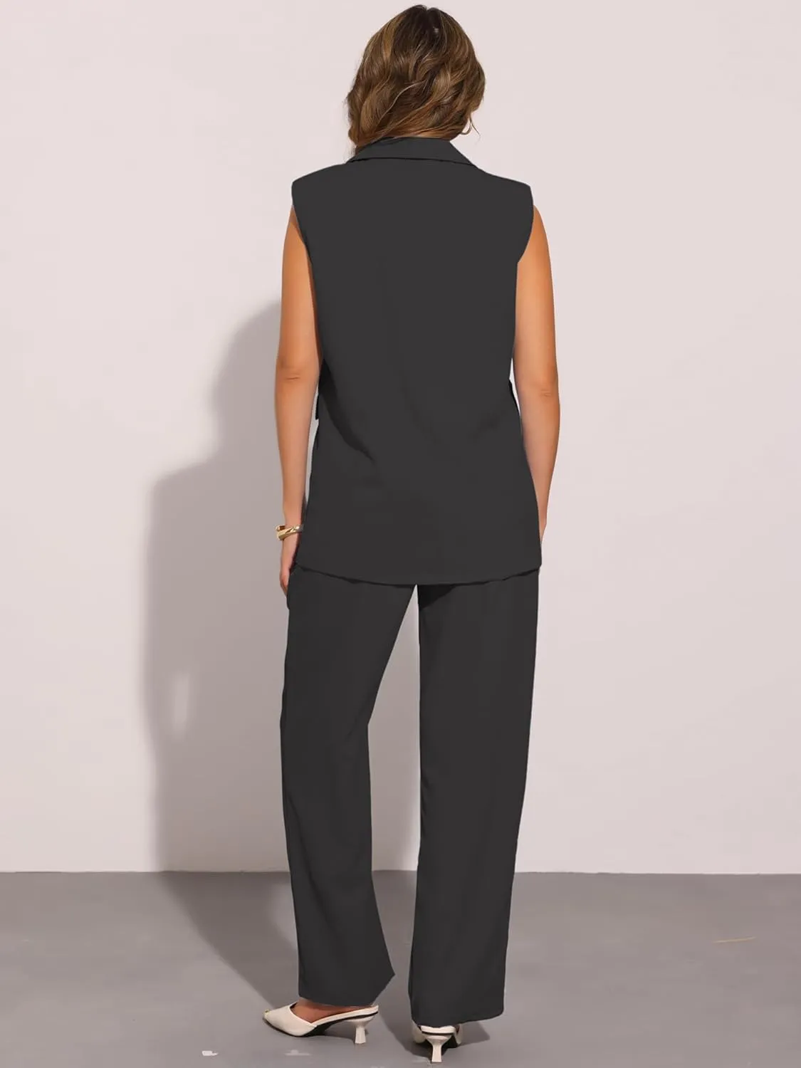Allegra K Women's 2 Piece Set Business Casual Outfits Sleeveless Blazer and Wide Leg Dressy Pant Suits