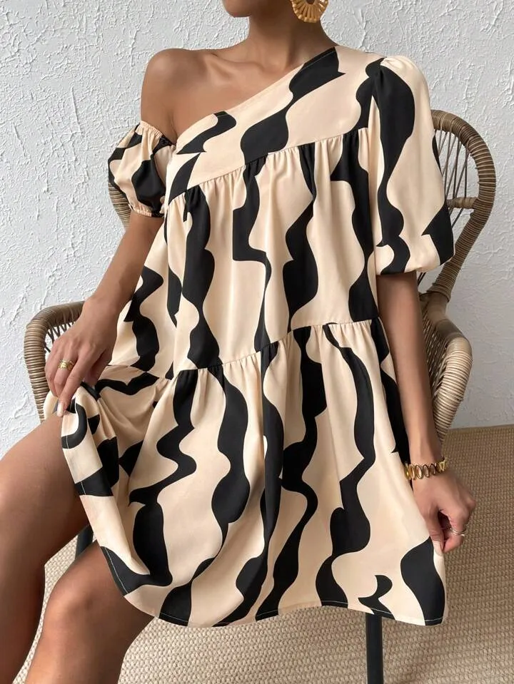 Allover print asymmetrical neck puff sleeve in apricot