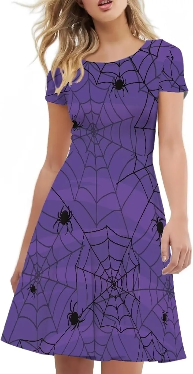 Amzprint Purple Tunic Bodycon Midi Swing Halloween Party Dress for Women Plus Size High Waist Short Sleeve Pleated Dress