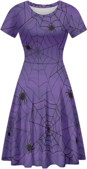 Amzprint Purple Tunic Bodycon Midi Swing Halloween Party Dress for Women Plus Size High Waist Short Sleeve Pleated Dress