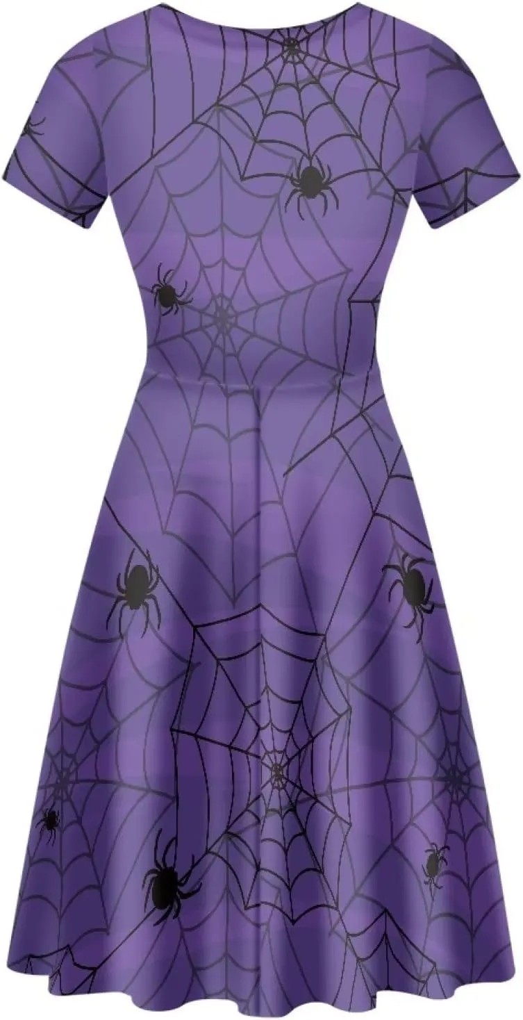 Amzprint Purple Tunic Bodycon Midi Swing Halloween Party Dress for Women Plus Size High Waist Short Sleeve Pleated Dress