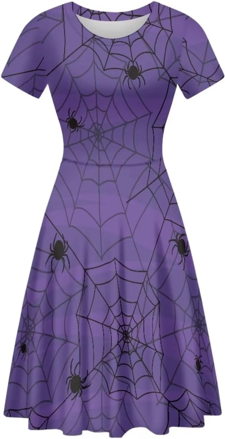 Amzprint Purple Tunic Bodycon Midi Swing Halloween Party Dress for Women Plus Size High Waist Short Sleeve Pleated Dress