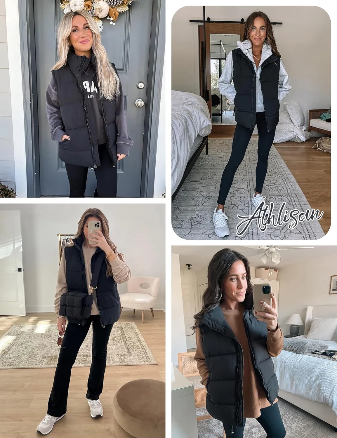 Athlisan Womens Zip Up Puffer Vest Stand Collar Sleeveless Padded Jacket Coat