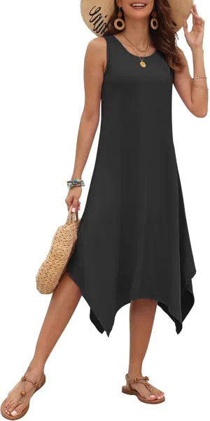 AUSELILY Women's Summer Dresses 2025 Casual Sleeveless Sundress Asymmetrical Hem Midi Tank Beach Dress with Pockets