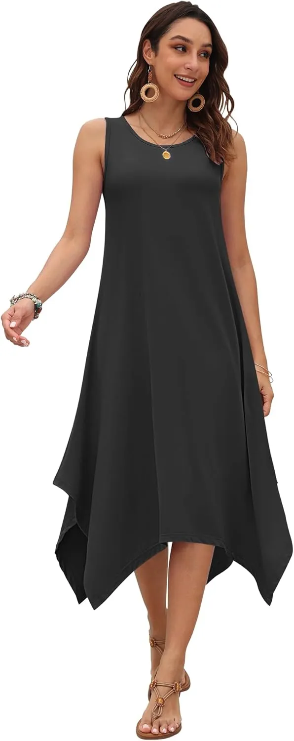 AUSELILY Women's Summer Dresses 2025 Casual Sleeveless Sundress Asymmetrical Hem Midi Tank Beach Dress with Pockets