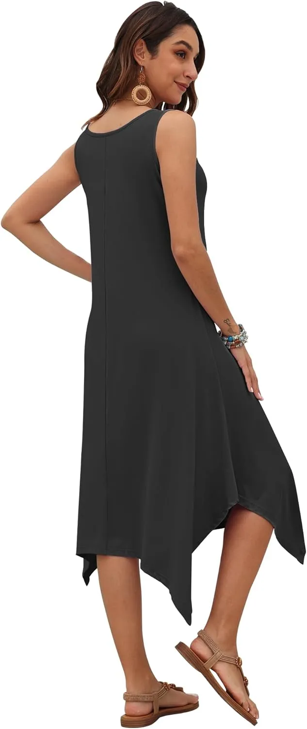 AUSELILY Women's Summer Dresses 2025 Casual Sleeveless Sundress Asymmetrical Hem Midi Tank Beach Dress with Pockets