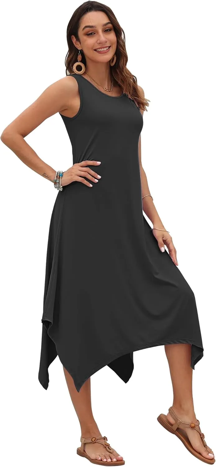 AUSELILY Women's Summer Dresses 2025 Casual Sleeveless Sundress Asymmetrical Hem Midi Tank Beach Dress with Pockets