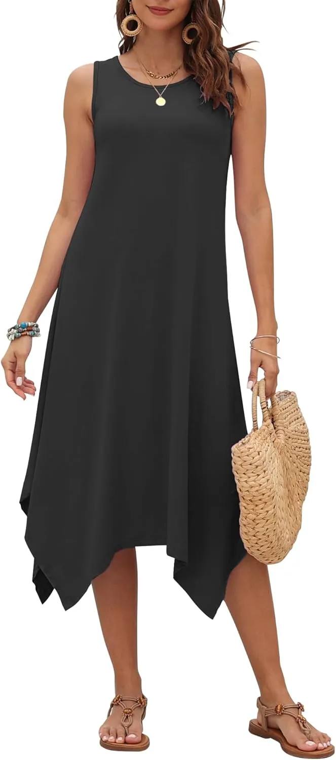 AUSELILY Women's Summer Dresses 2025 Casual Sleeveless Sundress Asymmetrical Hem Midi Tank Beach Dress with Pockets